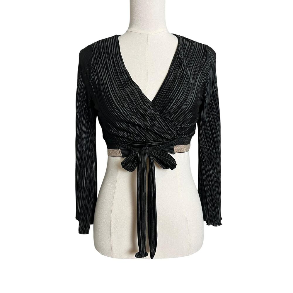 LUX LA Wrap Blouse Womens Small Black Pleated Long Sleeve Cropped Party Top